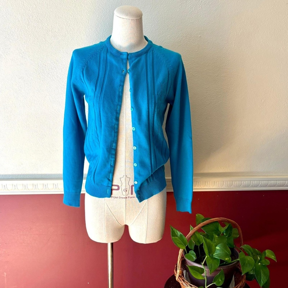 Vintage Hand Loomed Turquoise Blue Button‎ Front Cardigan Sweater XS 1960s Retro
